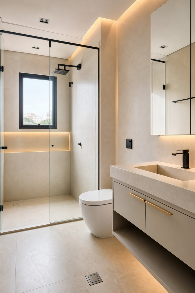 Banheiro moderno reformado pela XFEL Engenharia, com acabamento em porcelanato e iluminação embutida